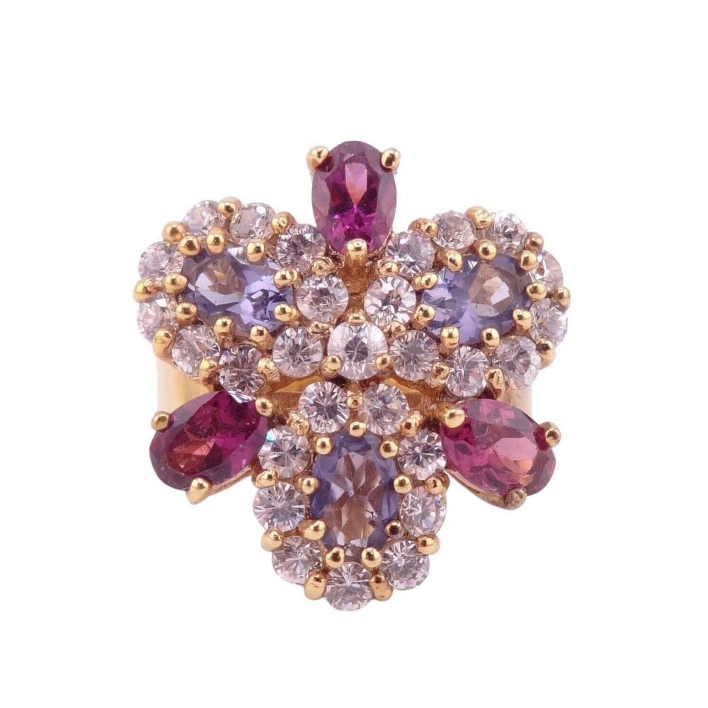 Purple & Clear Crystal Cluster Goldtone Statement Ring - Size 7.5 - NEW IN BOX